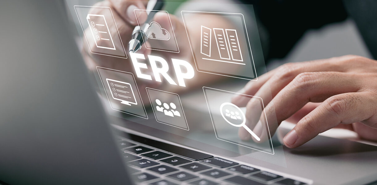 enterprise resource planning erp is business resource planning software system virtual screen there is concept hand typing computer laptop icons